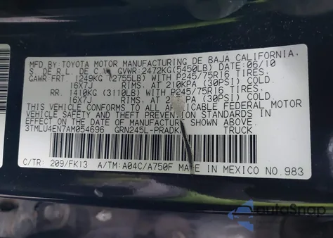 2010 Toyota Tacoma Base V6 from USA, damaged, VIN 3TMLU4EN7AM054696
